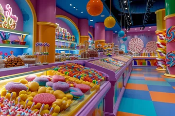 Fotobehang A whimsical confectionery showcase with an assortment of candies and sweet treats arranged in a playful, child-friendly manner against a colorful backdrop. © mihrzn