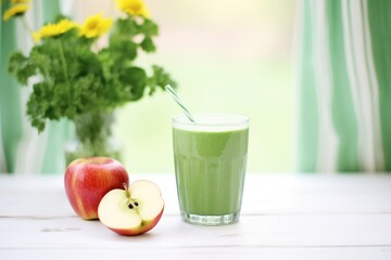 Fototapeta premium glass of green smoothie with kale leaves and apple slices beside it