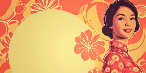 60s retro illustration of an asian woman in vibrant colors