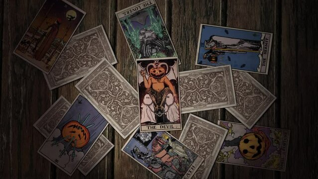 Turin, Italy - July 27, 2021. Using the new halloween deck of tarot cards for divination. Divination devil card has the halloween pumpkin in place of the head. Deciphering divination halloween cards.
