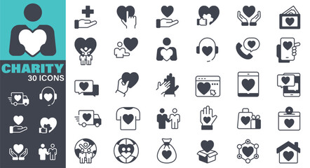 Charity Icons set. Solid icon collection. Vector graphic elements, Icon Symbol, Assistance, Charitable Donation, Happy Family, Care, Helping Hand, Volunteer, Heart Shape, Donation Box, Fundraising