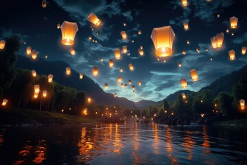Lanterns fly in sky at river, Flying lanterns in the night sky during the Diwali festival Ai generated
