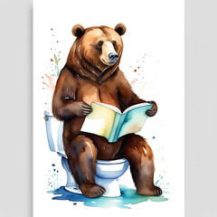 Brown bear sits on the toilet reading book watercolor painting. Funny cartoon illustration related to hygiene, defication, diarrhea, closet.