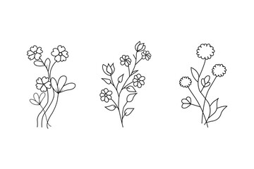 Fototapeta premium Set of differents flower linen on white background.Set of luxury flowers and logo. trendy tiny tattoo design, floral elements vector illustration