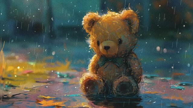 a brown bear is sad because its owner abandoned it, it sits in a puddle of rainwater at night, anime background