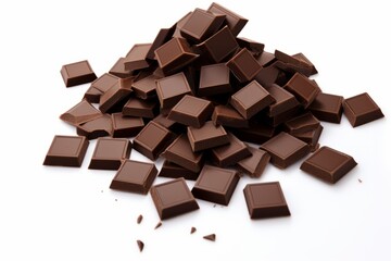 Scattered Assortment of Premium Dark Chocolate Squares, on isolated white background, Generative AI