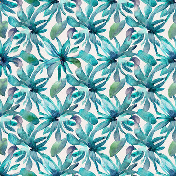 Hand painted turquoise watercolor leaf like arabesque floral geometrical shell allover seamless pattern in repeat