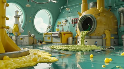 Cartoon scene During a routine maintenance check the crew discovers their spaceship has sprouted a guacamole fountain in the engine room causing them to scramble