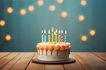 Birthday cake with white cream cheese frosting decorated with multicolored lit candles on a blue background. Happy Birthday concept. Tradition of making a wish while blowing out candles on a cake