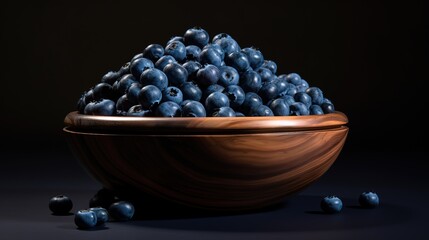 Blueberries in a wooden bowl in the photo in front of a black wall. generative AI