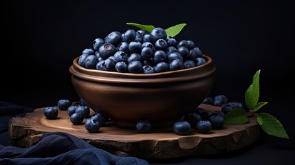 Blueberries in a wooden bowl in the photo in front of a black wall. generative AI