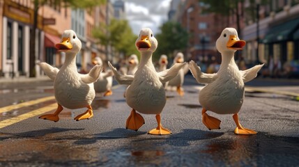 As the ducks waddle down the busy city streets onlookers cant help but laugh as their synchronized marching turns into a comedic dance routine complete with flapping wings - obrazy, fototapety, plakaty