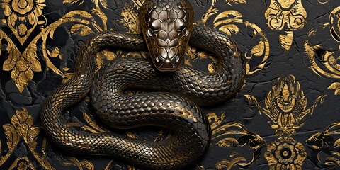 Fototapeta premium Experience the Mystique of the Golden Serpent - A Luxurious Wall Art Featuring a Majestic Golden Snake Amidst Enchanting Blooms, Perfect for Elevating Your Home Decor