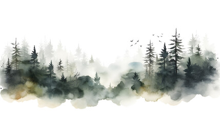 There is a man standing in the woods looking at a giant monster,,
A watercolor painting of a misty forest, tranquil, deep, fairy tale vibe, simple watercolor style with few details, semi abstract - obrazy, fototapety, plakaty