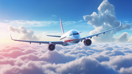 Naklejka na ściany i meble Passenger plane flying above the clouds. Ai generate.