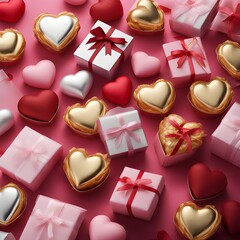uma doceria nas prateleiras todos os doces em formato de coração caixas de bombons com embalagens em formato de coração e compotas com corações dentro as cores predominantes são dourado prata rosa 