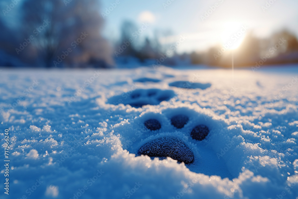 Poster a sequence of playful puppy paw prints across a snowy winter wonderland.