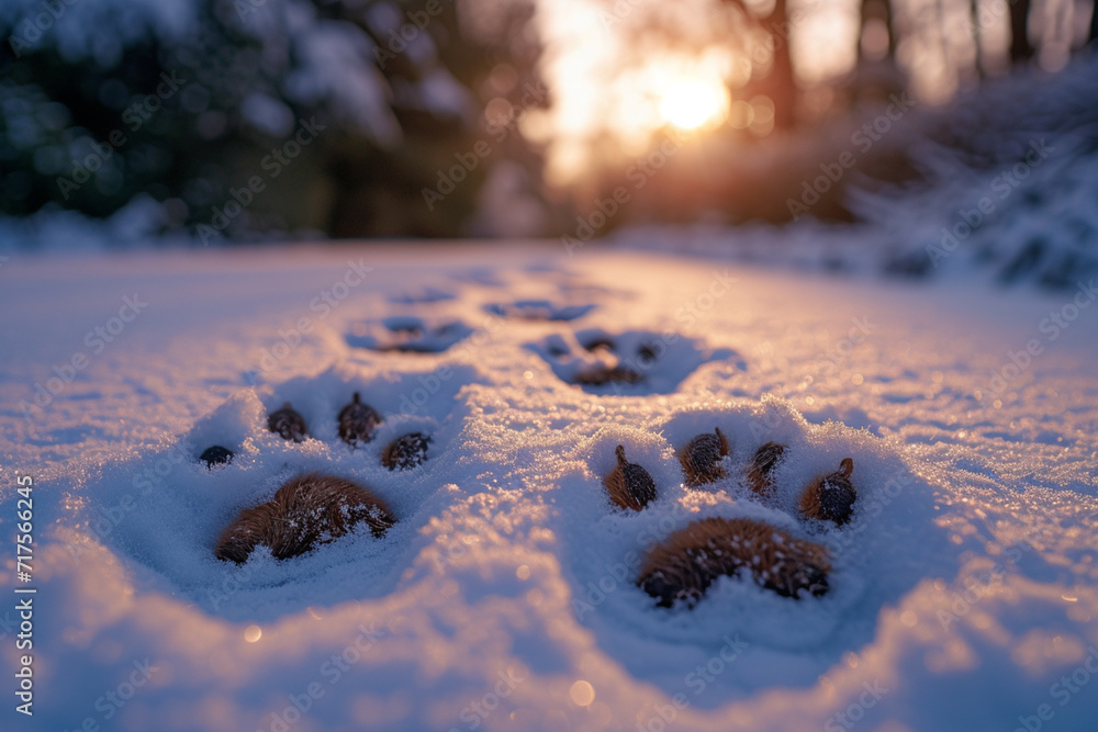 Poster a sequence of playful puppy paw prints across a snowy winter wonderland.