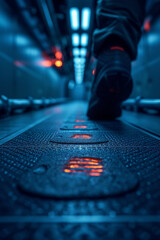 Robot footprints in a sci-fi corridor, leading to an unknown futuristic destination