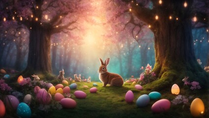 A photo of cute easter bunny in a fantasy forest ai generative