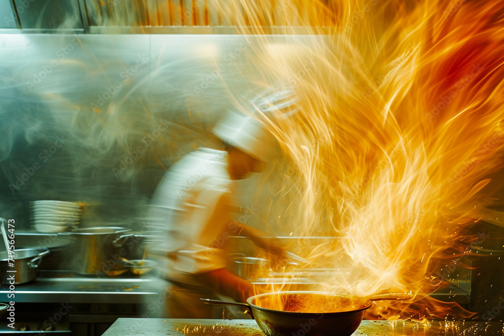 Poster the dynamic and fluid movement of cooking, captured in an abstract culinary scene.