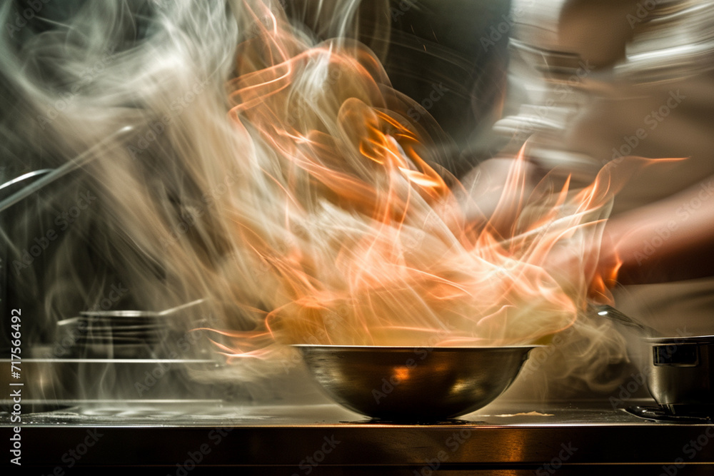 Poster the dynamic and fluid movement of cooking, captured in an abstract culinary scene.