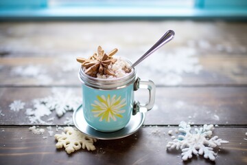 Obraz na płótnie Canvas hot chocolate in mug with snowflake design and silver spoon