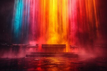 Rainbow colors flowing from a choir, representing the harmony of voices.