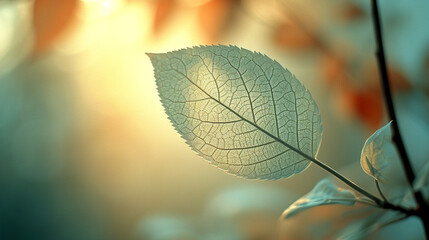 A minimalist composition of a translucent leaf against a bright, white background.