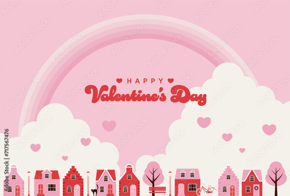 Wall mural valentine’s day vector background with city landscape with houses and a rainbow in the sky for banne