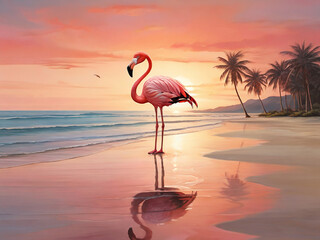 flamingo on the beach at sunset