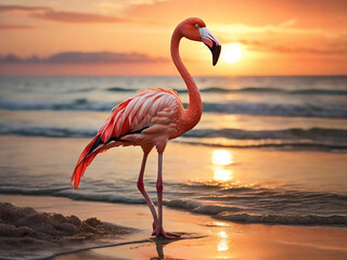 flamingo on the beach at sunset