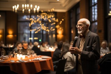 Philanthropist addressing a room full of donors and volunteers at a nonprofit's annual fundraising dinner, Generative AI