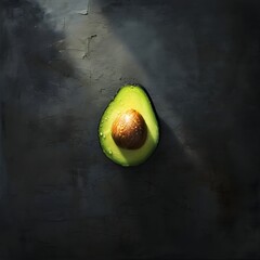 avocado on a wooden surface, Juicy avocado lies on a dark table, top view