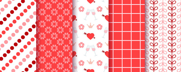 Seamless pattern. Valentine's day background. Prints with heart, flower and check. Set girly love textures. Collection romantic wrapping paper. Red pink backdrop for scrapbooking. Vector illustration