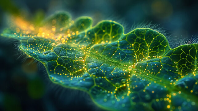 A stylized depiction of chlorophyll molecules in a leaf during photosynthesis,