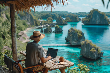 A digital nomad working remotely from a scenic, exotic location, - obrazy, fototapety, plakaty
