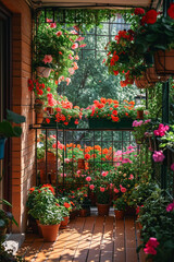 Fototapeta na wymiar An urban apartment balcony transformed into a small, lush garden,