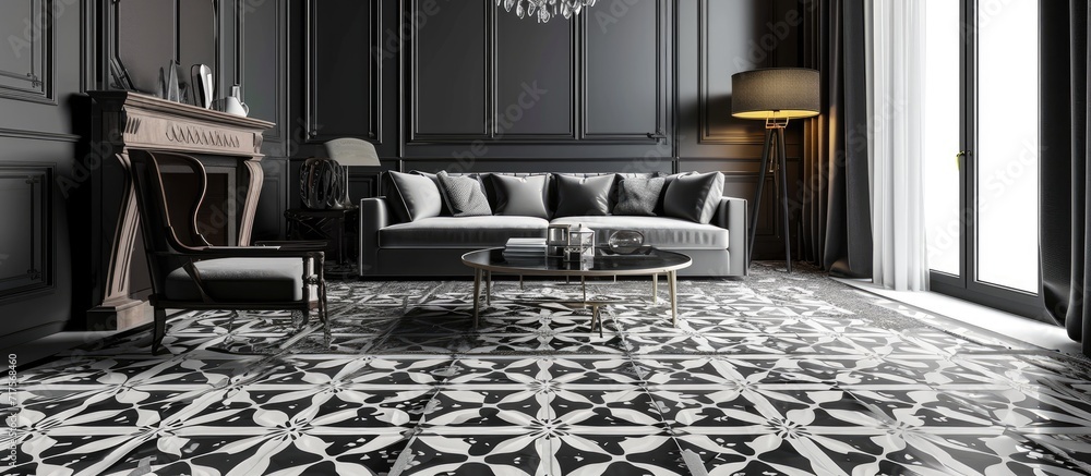 Aufkleber Grey flat with black and white pattern carpet. Copy space image. Place for adding text or design