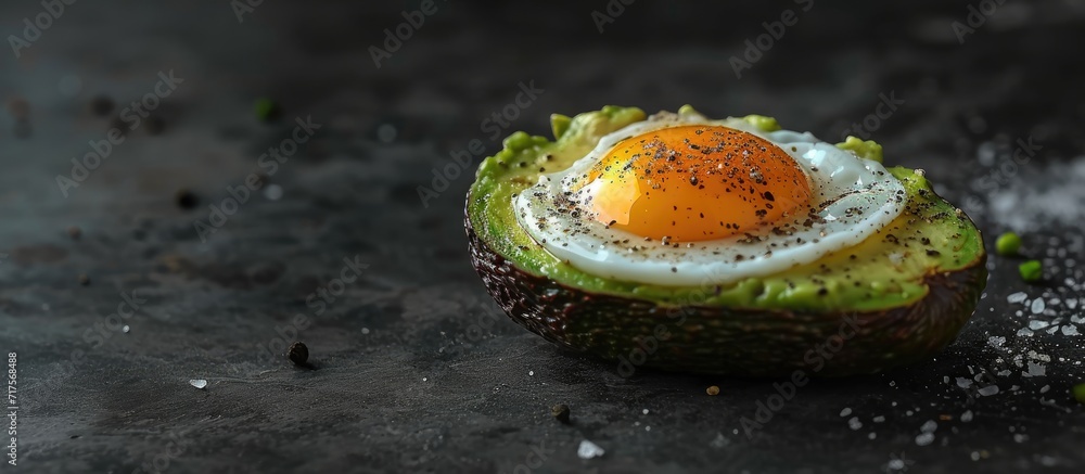 Poster homemade organic egg baked in avocado with salt and pepper. copy space image. place for adding text 