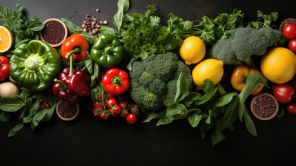 Assortment of colorful fresh vegetables and herbs on a dark surface - Powered by Adobe