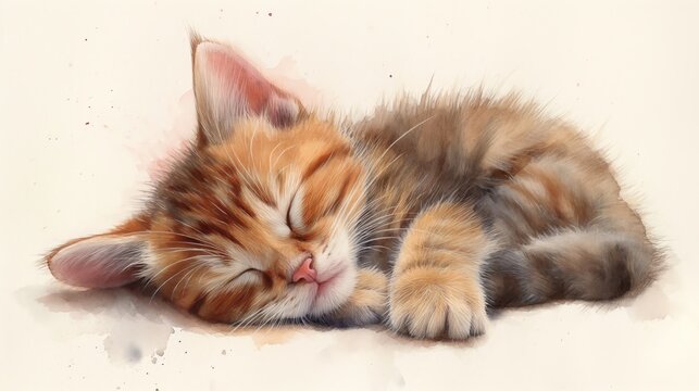 watercolor grungy noise texture art, cute sleepy kitten sleep tight, generative Ai