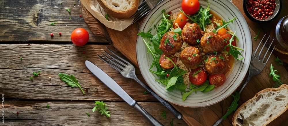Aufkleber grilled meatball with salad bulgur pilaf and thin bread. Copy space image. Place for adding text or design
