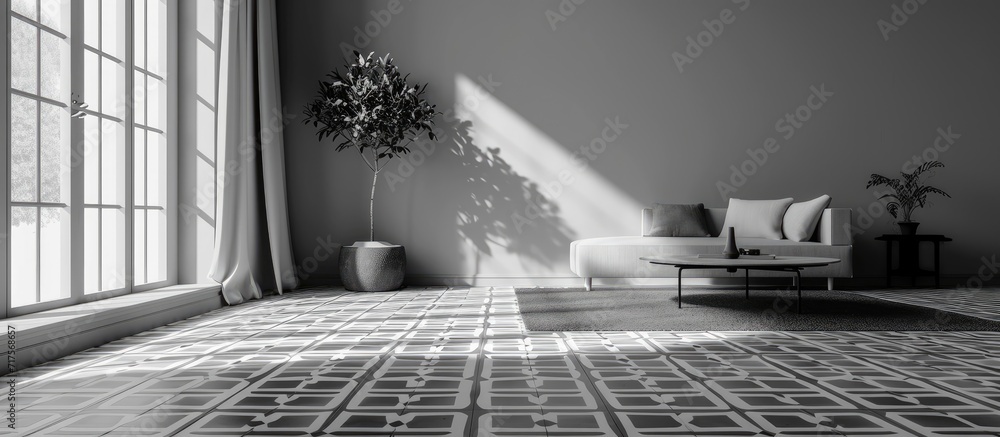 Leinwandbilder Grey flat with black and white pattern carpet. Copy space image. Place for adding text or design