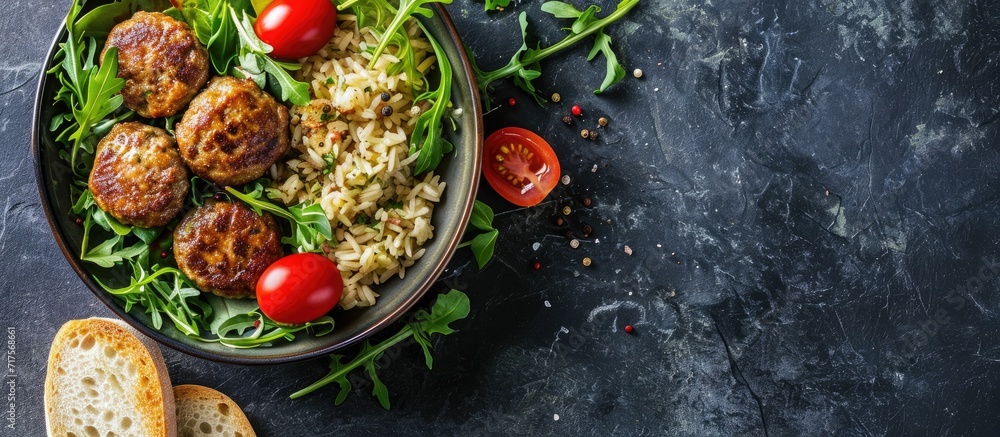 Poster grilled meatball with salad bulgur pilaf and thin bread. Copy space image. Place for adding text or design