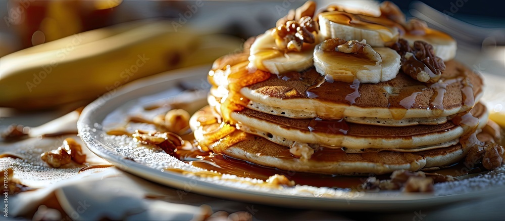 Poster Pancakes with banana walnut and caramel for a breakfast. Copy space image. Place for adding text or design