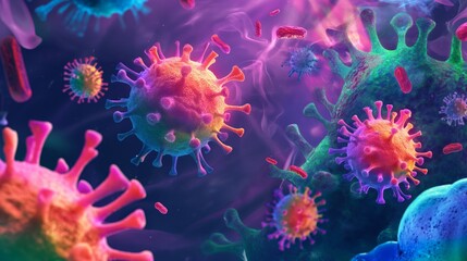 Funny microorganisms viruses and disease, Colorful Bacteria, covid, corona, cartoon illustration. - obrazy, fototapety, plakaty