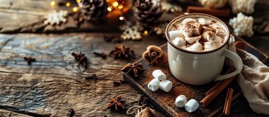 hot chocolate with mini marshmallows cinnamon winter drink. Copy space image. Place for adding text or design