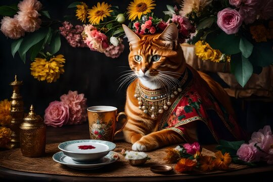 Create a visually striking portrait of a beautiful ginger cat in an Asian-style costume, adorned with flowers on her head. 
