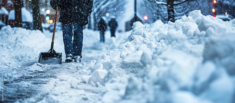 Poster Man removing snow from sidewalk after heavy snowfall Snowstorm and blizzard aftermath in winter Slippery walkaway prevention. Copy space image. Place for adding text or design
